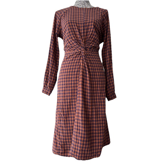 Natura Cotton Gingham Brown Blue Tie Waist Long Sleeve Western Dress Size L - Picture 1 of 12